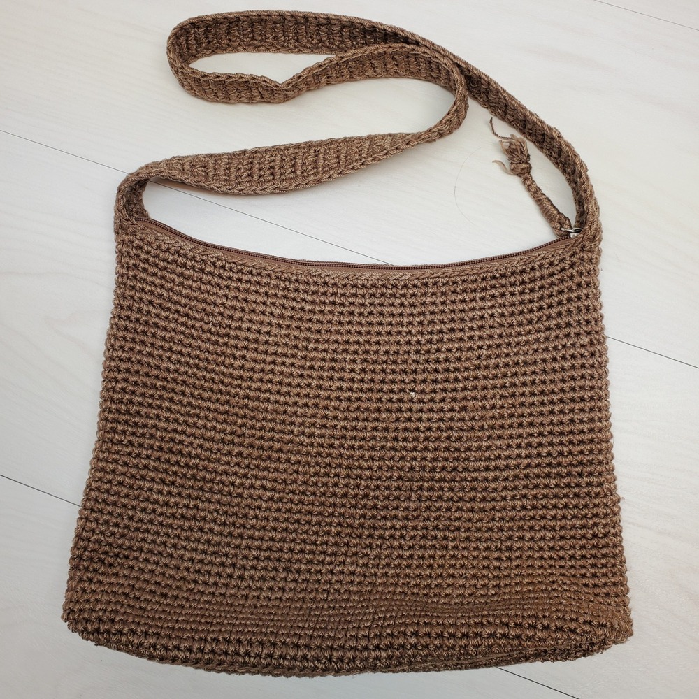 Happy Free Crochet Shoulder Bag Boho Bamboo Blend‎ Brown Zipper Top